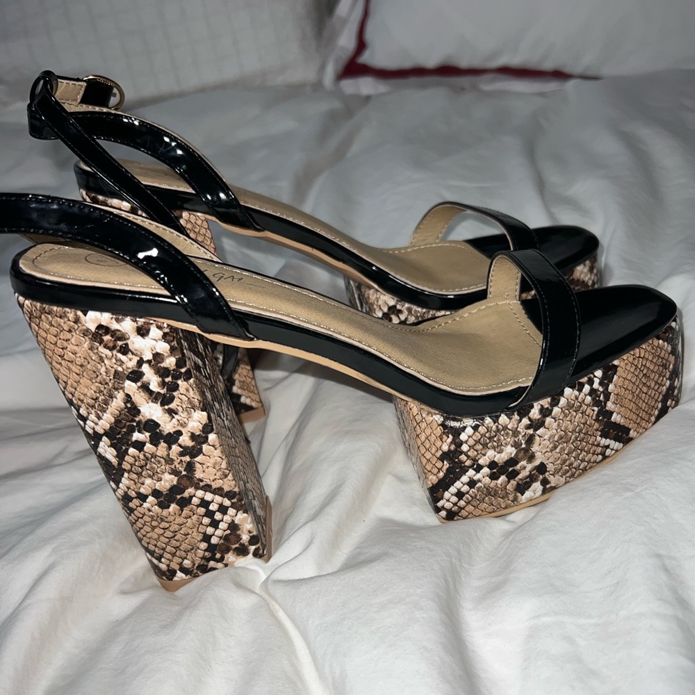 Nasty Gal animal / snake print chunky heeled platform sandals